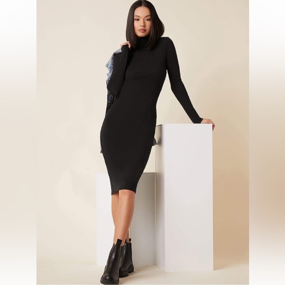 New High Neck Solid Bodycon Dress Black Long Sleeve Below Knee Midi CottonPencil - Picture 4 of 13